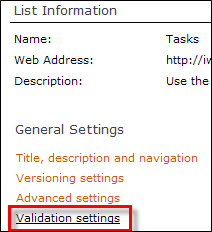Link to the validation settings