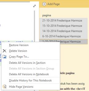 Versions of OneNote pages, accessible by a rightclick.